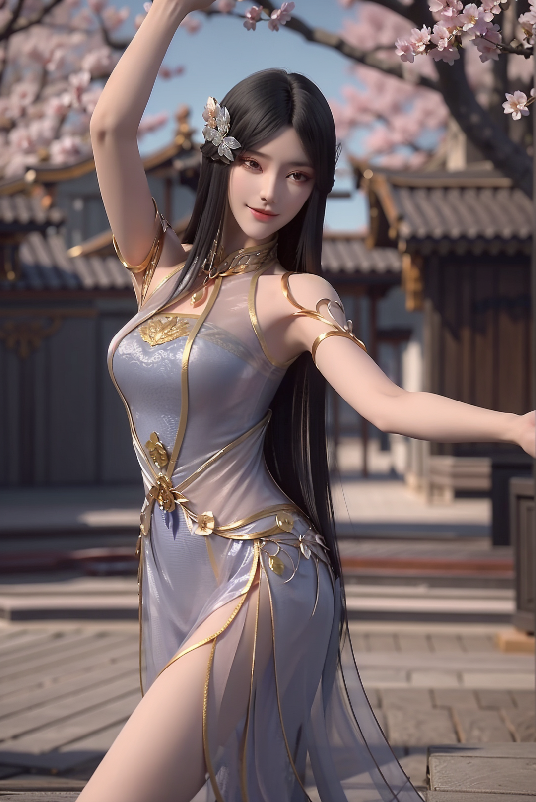 00118-680655302-1girl,solo,long hair,black hair,hair ornament,hair flower,brown eyes,light smile,dress,dancing,outdoors,day,sky,sunset,cherry bl.png